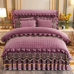 Europe Thick Velvet Quilted Bedding Set Duvet Cover 220x240 Luxury King Queen Bed Linen 2 People Bedspread Lace Ruffles Solid - SHOWLU FASHION STORE