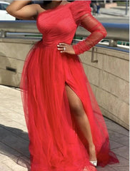 European and American - Style Long - Sleeve Large - Size Mesh Dress - SHOWLU FASHION STORE