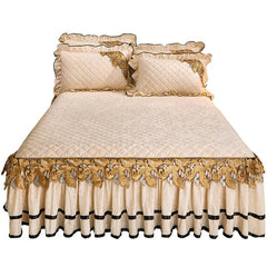 European Luxury Velvet Bedspread King Size for Bed Embossed Quilted Solid Queen Double Bed Cover Soft Bedskirt Set 2 Pillowcases - SHOWLU FASHION STORE