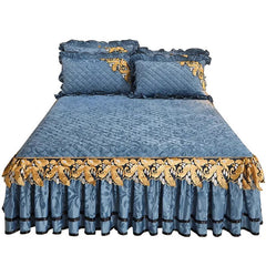 European Luxury Velvet Bedspread King Size for Bed Embossed Quilted Solid Queen Double Bed Cover Soft Bedskirt Set 2 Pillowcases - SHOWLU FASHION STORE