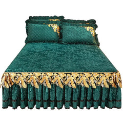 European Luxury Velvet Bedspread King Size for Bed Embossed Quilted Solid Queen Double Bed Cover Soft Bedskirt Set 2 Pillowcases - SHOWLU FASHION STORE