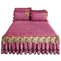 European Luxury Velvet Bedspread King Size for Bed Embossed Quilted Solid Queen Double Bed Cover Soft Bedskirt Set 2 Pillowcases - SHOWLU FASHION STORE