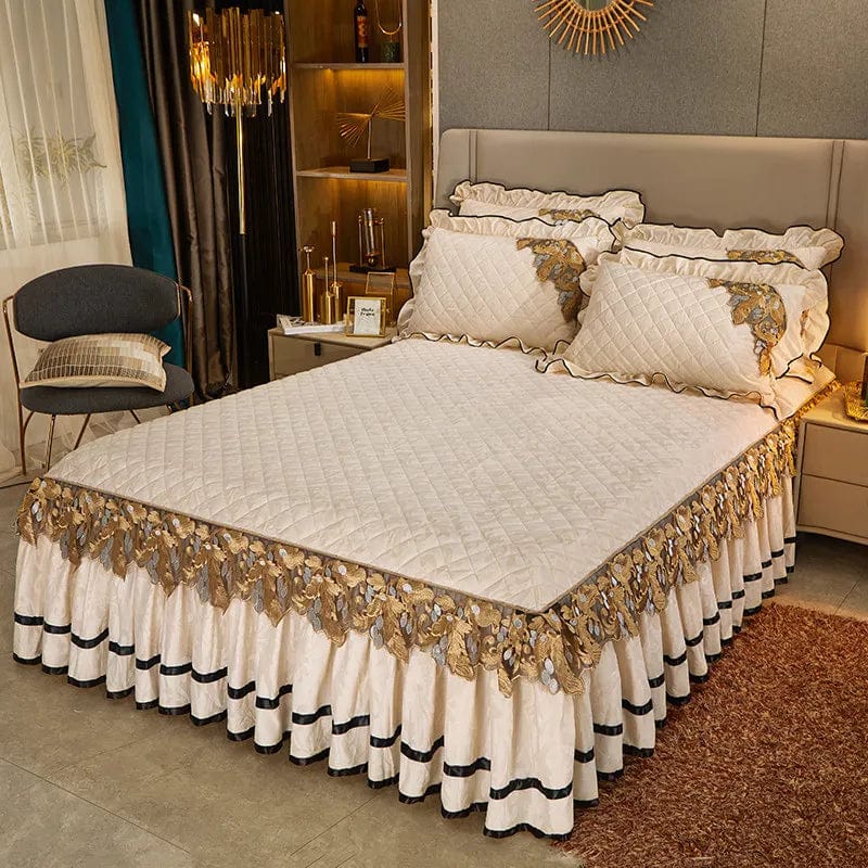 European Luxury Velvet Bedspread King Size for Bed Embossed Quilted Solid Queen Double Bed Cover Soft Bedskirt Set 2 Pillowcases - SHOWLU FASHION STORE