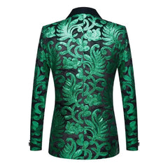 A slim-fit men's blazer in green velvet featuring a black floral sequin pattern.