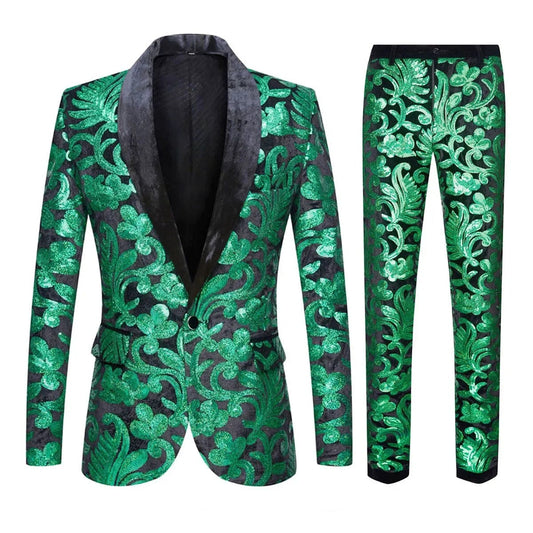 European Size (Blazer + Trousers) Men's Suit Fashion Trend Slim Green Velvet Sequins Wedding Wedding Groom Dress 2 Piece Set - SHOWLU FASHION STORE