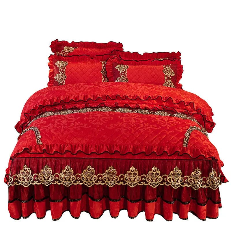 European Velvet Bedding Set, Luxury Comforter Cover, Quilted Lace Bedskirt, Soft Warm Queen with 2 Pillowcases, King Size, 4Pcs - SHOWLU FASHION STORE