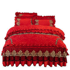 European Velvet Bedding Set, Luxury Comforter Cover, Quilted Lace Bedskirt, Soft Warm Queen with 2 Pillowcases, King Size, 4Pcs - SHOWLU FASHION STORE