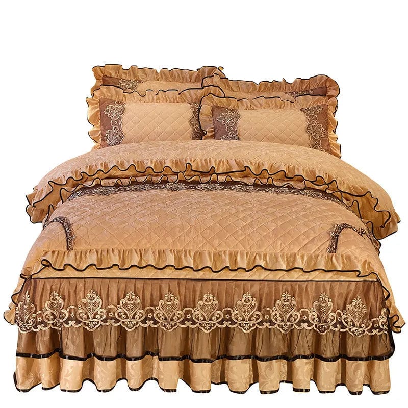 European Velvet Bedding Set, Luxury Comforter Cover, Quilted Lace Bedskirt, Soft Warm Queen with 2 Pillowcases, King Size, 4Pcs - SHOWLU FASHION STORE