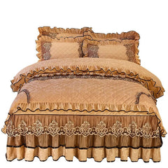 European Velvet Bedding Set, Luxury Comforter Cover, Quilted Lace Bedskirt, Soft Warm Queen with 2 Pillowcases, King Size, 4Pcs - SHOWLU FASHION STORE