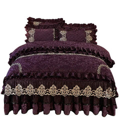 European Velvet Bedding Set, Luxury Comforter Cover, Quilted Lace Bedskirt, Soft Warm Queen with 2 Pillowcases, King Size, 4Pcs - SHOWLU FASHION STORE