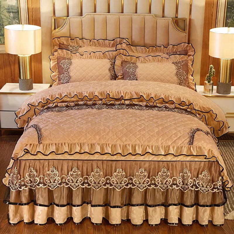 European Velvet Bedding Set, Luxury Comforter Cover, Quilted Lace Bedskirt, Soft Warm Queen with 2 Pillowcases, King Size, 4Pcs - SHOWLU FASHION STORE