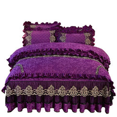 European Velvet Bedding Set, Luxury Comforter Cover, Quilted Lace Bedskirt, Soft Warm Queen with 2 Pillowcases, King Size, 4Pcs - SHOWLU FASHION STORE