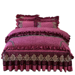 European Velvet Bedding Set, Luxury Comforter Cover, Quilted Lace Bedskirt, Soft Warm Queen with 2 Pillowcases, King Size, 4Pcs - SHOWLU FASHION STORE