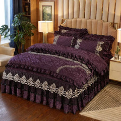 European Velvet Bedding Set, Luxury Comforter Cover, Quilted Lace Bedskirt, Soft Warm Queen with 2 Pillowcases, King Size, 4Pcs - SHOWLU FASHION STORE