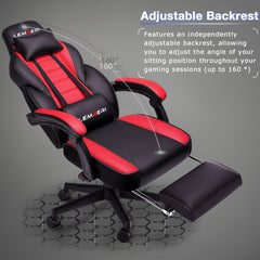 A red and black racing-style gaming chair with a headrest, lumbar support, and a pull-out footrest.