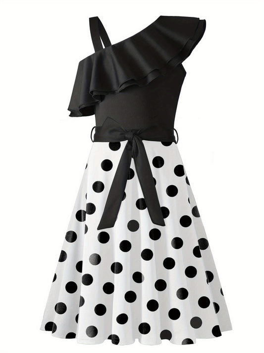 Girl's Sleeveless Polka Dot A-Line Dress with Ruffled One-Shoulder Design and Waist Bow - Black & White Summer Dress for Youngsters 5-12 Years