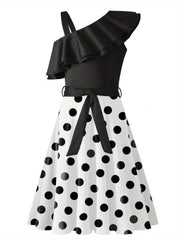 Girl's Sleeveless Polka Dot A-Line Dress with Ruffled One-Shoulder Design and Waist Bow - Black & White Summer Dress for Youngsters 5-12 Years
