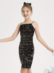 Girls Sparkling Black Sequin Velvet Bodycon Mini Dress with Bow - Spaghetti Strap Party Dress for Dance Recitals, Birthdays & Special Occasions, Birthday Celebration Outfit | Sleek Silhouette Design, Dresses for Girls