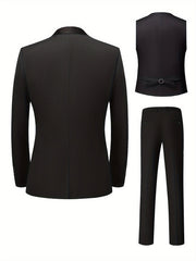 A black three-piece suit set featuring a shawl collar jacket, a vest, and slim-fit trousers.
