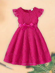 Girls Dress Lace Fly Sleeve Round Neck Casual Dress Fashion Summer Dress with Belt