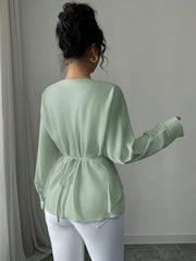 Women'S Elegant Off-Shoulder Long Sleeve Blouse with Front Cross Tie Waist - Soft Green, Ribbed Texture, Perfect for Fall & Winter, Stylish Layering Piece, Allseason Blouse | Offshoulder Top | Ribbed Texture Shirt