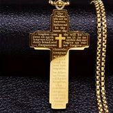 A gold-plated stainless steel cross pendant necklace engraved with the Lord's Prayer.