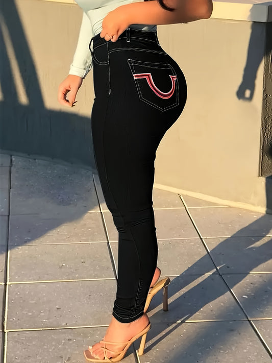 Women's High Waist Ankle-Tight Skinny Jeans - Black Plain with Geometric Embroidery Back Pocket, High Elastic Comfort, Casual Street All-Season Denim Trousers