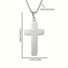 A stainless steel cross pendant necklace engraved with Christian scripture on a chain.