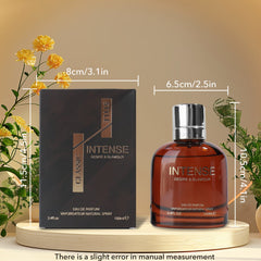A bottle of Intense men's perfume and its box are displayed on a wooden stand with size labels.