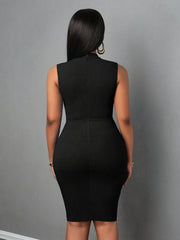 A woman from behind wears a black sleeveless midi bodycon dress with a high neckline.