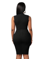 A woman from behind wears a black sleeveless midi bodycon dress with a high neckline.