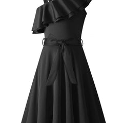 Girl's Sleeveless Polka Dot A-Line Dress with Ruffled One-Shoulder Design and Waist Bow - Black & White Summer Dress for Youngsters 5-12 Years