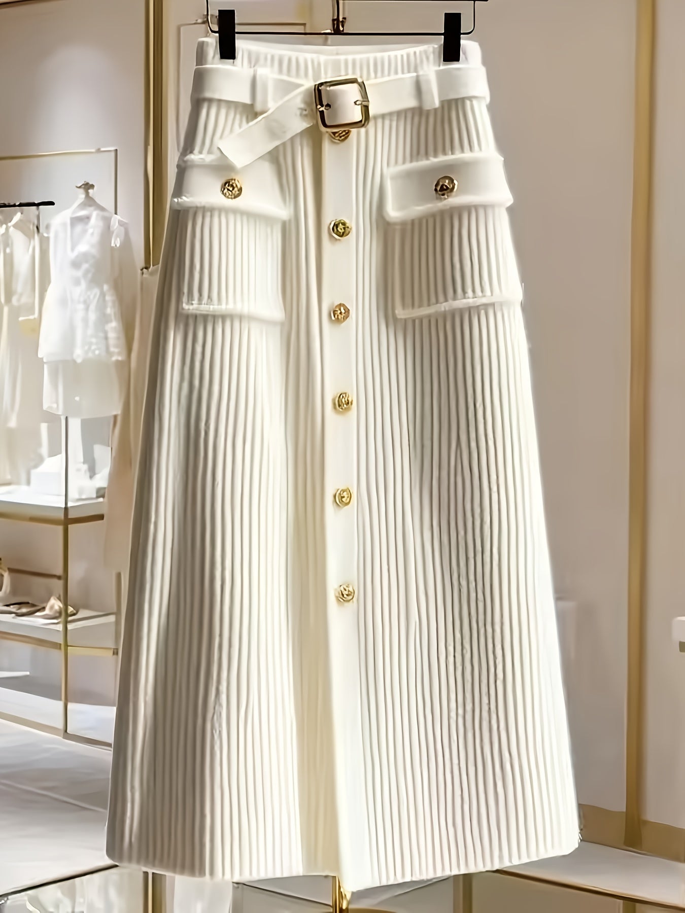 A white high-waisted midi skirt in a ribbed knit fabric with gold buttons and a matching belt.
