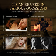 A collage showing four scenarios for using the musk and woody fragrance, including dates and business.