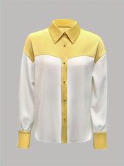 Women'S Color Block Long Sleeve Blouse with Lapel Collar and Button Front - Stylish Casual Patchwork Shirt for Casual Attire, Yellow and White, Polyester Fabric, Long Sleeve Blouse