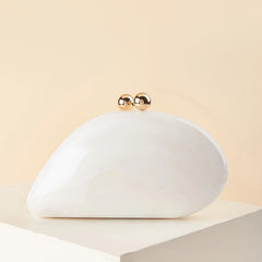 A white marbled acrylic clutch with a smooth, rounded shape and two gold bead magnetic closures.