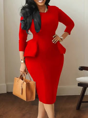 A woman wears a red, long-sleeved, bodycon midi dress with a round neck and ruffled peplum waist.