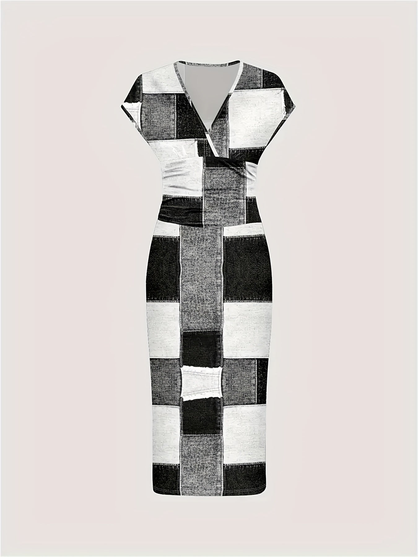 A short-sleeved, V-neck bodycon dress featuring a black and white patchwork plaid print.