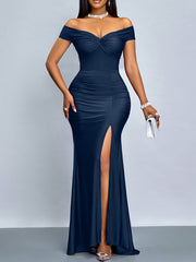 Women's Off-the-Shoulder Bodycon Evening Dress - Solid Color with Side Slit, Machine Washable Lightweight Formal Party Dress for All Seasons, Allseason Attire, Elegant Design