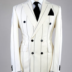Elegant Men's Vertical Stripe Double-Breasted Notched Lapel Suit Jacket - & Black Stripes, Machine Washable, Regular Fit for Spring Summer Fall, Formal & Casual Occasions, Sophisticated Tailoring, Office Wear, Classic Style,