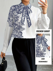 Women's Elegant Blouse - Semi-Sheer Buttoned-up Shirt with Floral bow tie, White & Navy Blue Floral Print, Long Sleeve Office Party Top for Women, Sophisticated Attire, Classic Collared Design, Detailed Print Design