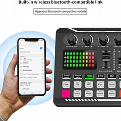 A hand holds a smartphone displaying Bluetooth settings next to an F998 professional sound card.
