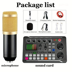 A professional condenser microphone and sound card kit with cables, headphones, and a tripod.