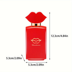 A red rectangular perfume bottle with a lip-shaped cap and gold logo, showing its dimensions.