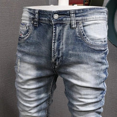Fashion Designer Men Jeans Retro Light Blue Stretch Slim Fit Printed Ripped Jeans Men Hole Trousers Vintage Casual Pants Hombre - SHOWLU FASHION STORE