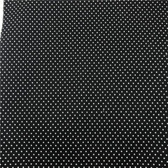 A close-up view of black fabric featuring a repeating pattern of small white polka dots.