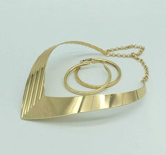 A gold-toned alloy collar necklace with a V-shaped textured plate and matching hoop earrings.