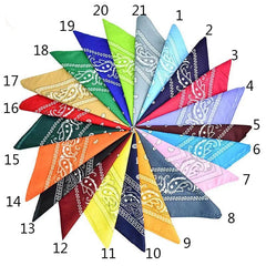 A circular arrangement of twenty-one colorful paisley-patterned bandanas fanned out.