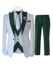 A three-piece white suit with a dark green vest, lapels, and matching trousers for men.