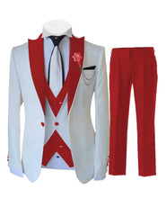 A three-piece white and red slim-fit tuxedo set featuring a jacket, vest, and matching trousers.